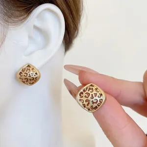 French vintage gold leopard print diamond-shaped stud earrings for women
