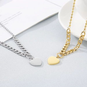 Minimalist heart pendant necklace set with mixed chain style in gold and silver steel