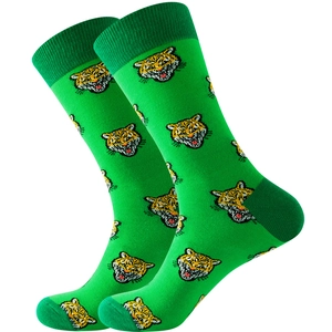 Detail of green cotton crew socks featuring a vibrant cartoon tiger head knit pattern