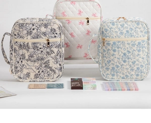 Detailed close-up of three quilted book bags with floral and bow patterns and zippers