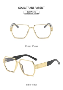 Front and side macro views of oversized gold polygonal sunglasses with clear lenses