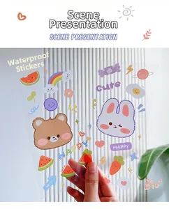 Close-up of cute waterproof cartoon stickers with bear and bunny motifs for kids