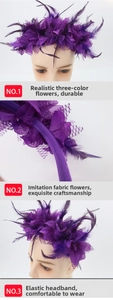 Detail of purple feather and lace headband with fabric flowers for carnival parties