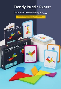 Kids colorful wooden tangram puzzle set with challenge cards and storage box