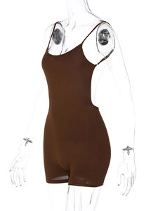 Side view of brown backless strap jumpsuit showing the slim fit and ruched fabric