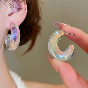 Iridescent Acrylic C-Shape Stud Earrings With Silver Earring Post Aurora Effect Summer Resort Style For Women Minimalist