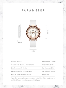 Detailed technical specifications and dimensions of the YOLAKO women's quartz watch