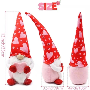 Pink Mother's Day gnome plush with heart hat, showing front side and back views with dimensions
