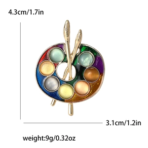 Detailed size view of an art palette brooch with multi-color enamel and dimensions