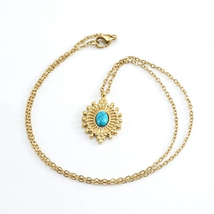 Necklace Pendant Stainless Steel 18K Gold Plated Turquoise Stone Sunburst Evil Eye Bohemian Vintage For Women