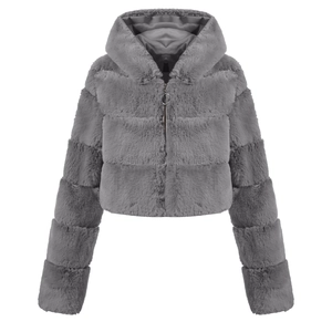 Detail of grey faux fur coat featuring a warm hood, zipper closure and soft texture