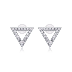 Close-up of classic silver triangular stud earrings with sparkling pavé cubic zirconia