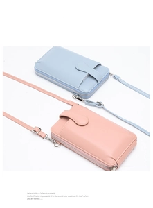 Dettaglio delle borse porta cellulare in pelle PU blu e rosa con cerniere in metallo argento