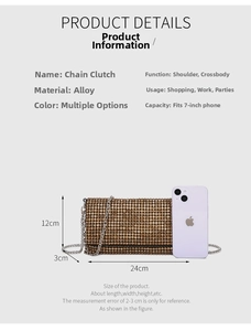 Detail view of the gold rhinestone evening bag showing size comparison with a 7-inch smartphone
