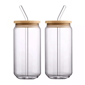 Zweiteiliges 16oz Glas-Set in Dosenform mit Bambusdeckeln und Glasstrohhalmen