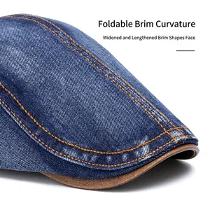 Washed denim beret cap with yellow stitching and foldable wide brim for men and women