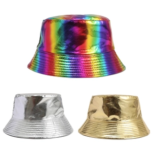 Bucket Hat Metallic PU Leather Reversible Sun Protection Shiny Rainbow Gold Silver Streetwear Party For Men Women