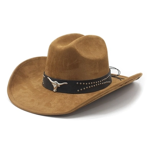 Brown faux suede western cowboy hat with wide brim and silver bull head metal ornament