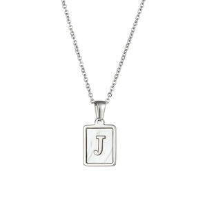 Minimalist silver titanium steel necklace with rectangular white shell letter J pendant