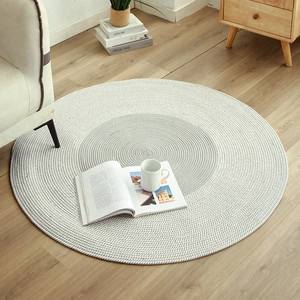 Nordic cotton linen woven round rug with two-tone grey minimalist tassel design