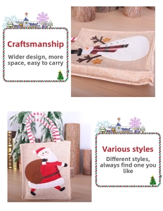 Détail du sac cadeau de Noël en toile avec Père Noël en feutre et poignées rayées