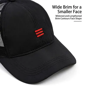 Breathable mesh baseball cap in black with red stripe embroidery for outdoor sun protection