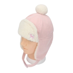 Rosa Cord-Wintermütze für Kinder mit Welpen-Stickerei und warmem Fleece-Futter