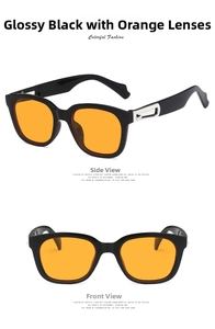 Front and 45-degree side views of square black sunglasses with orange lenses and metal detail