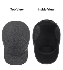 Top and inside views of a thick dark gray flat top military cap with warm lining