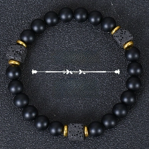 Beaded Bracelet Matte Black Stone And Volcanic Lava Stone With Metal Spacers Elastic Minimalist Style For Men Women