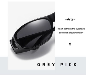 Detail view of the sleek black frame and grey lens design of the night vision sunglasses