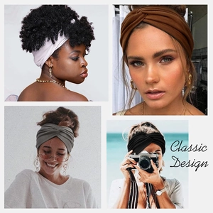 Collage of wide bohemian headbands in four colors showing elastic knot details