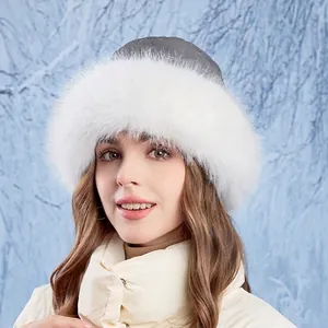 Winter faux fur plush bucket hat for women featuring warm ear protection and grey quilted top