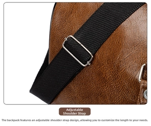 Detalle de correa ajustable de nailon negro con hebilla plateada en bolso de cuero PU marrón