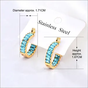18K gold stainless steel C-shaped hoop earrings with inlaid light blue zircon stones