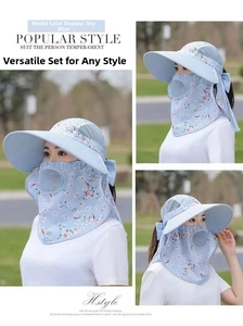 Detail of sky blue floral sun hat with removable neck flap and mesh face cover