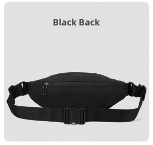 Rear view of black waterproof hardshell waist bag featuring zipper pocket and buckle strap