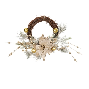 Champagne gold Christmas wreath with pine needles and baubles on a white background