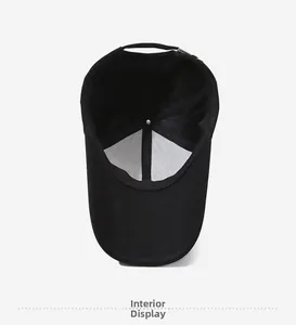 Internal view of the black baseball cap showing reinforced seams and sweatband details