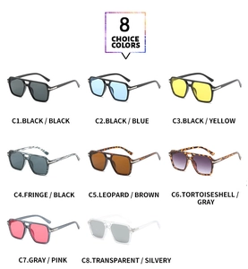Detailed grid display of classic square double-bridge sunglasses in eight trendy colors