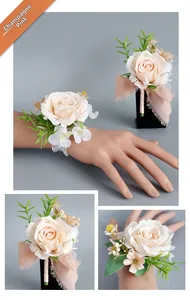 Ensemble boutonnière et bracelet de fleurs rose champagne en soie pour mariage et fête