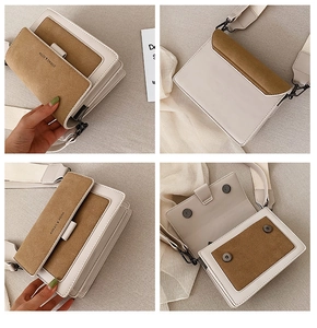 Detail view showing magnetic closure and wide strap of the vintage square crossbody bag