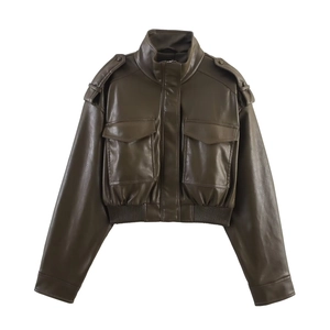 Veste Similicuir Femme Chic Pu Blouson Motard Revers Manches Longues Zippé Court Outwear Ourlet Côtelé Poches Rétro Décontracté