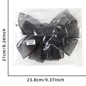 Halloween black mesh bow with LED fairy lights for party decor, size 21cm x 23.8cm
