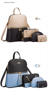 Detail of multi-piece set including backpack, crossbody bag, and pouch in Saffiano leather