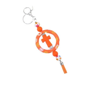 DIY silicone car cross pendant keychain with orange floral pattern ring and tassel