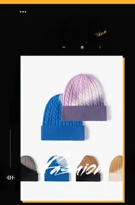 Detailed view of tie-dye knit beanies showing braided texture and various color gradients