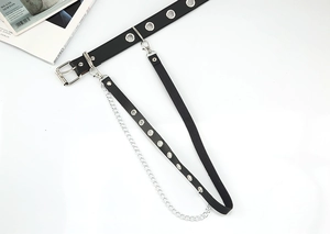 Detail of Harajuku punk belt showing silver metal grommets and detachable chain strap