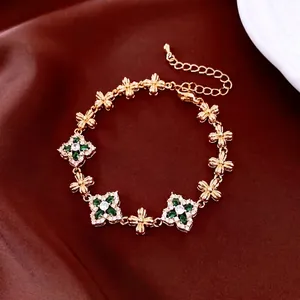 Luxurious 18K gold plated clover flower bracelet with green zircon and adjustable chain