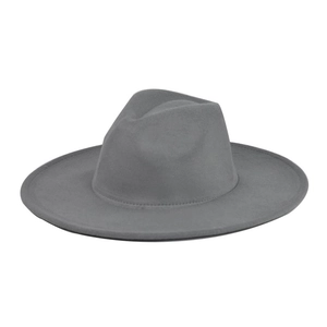 Close-up of grey wool fedora hat showing textured wide brim and refined stitching detail